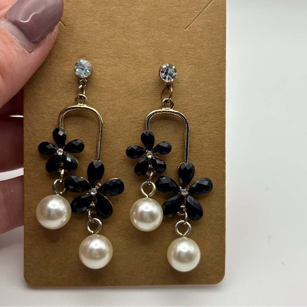 Gold Tone Stud Dangle Earrings with Black Enamel Flowers and Faux Pearls - Picture 3 of 4